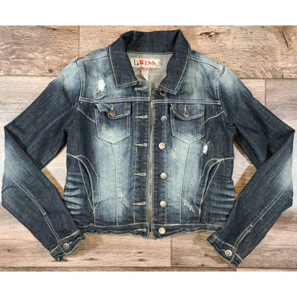 1st Kiss Distressed Stretch Denim Lace Skull Rockabilly Jean Jacket Juniors M - Picture 2 of 8